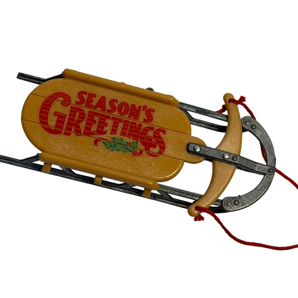 VTG Hallmark Christmas Ornament Yellow Seasons Greetings Sled Holiday Decor 1984